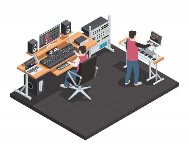 Music production studio room isometric interior with sound engineer and arrangement producer workpla