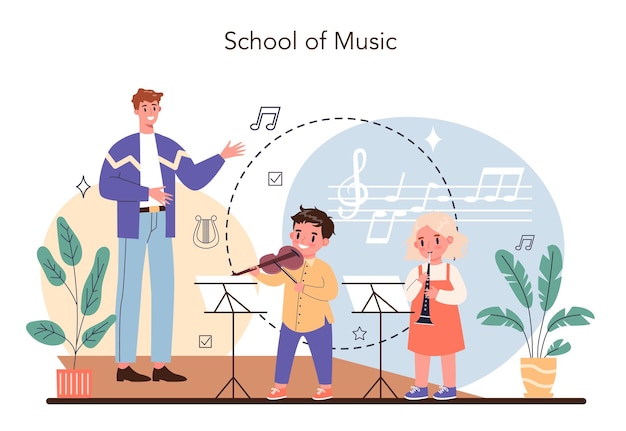 Free vector music school concept kids playing music instruments instructor teaching music with professional equipment talented students performance vector flat illustration