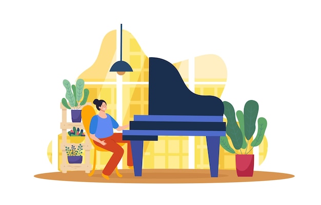 Free Vector music school flat background composition with interior view house plants and female character playing grand piano vector illustration