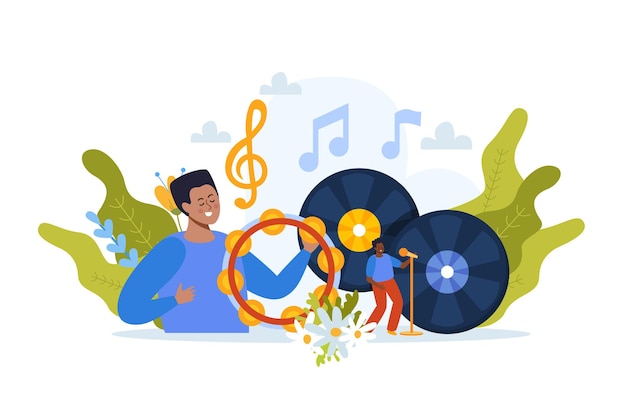 Free Vector music school flat composition with doodle human characters surrounded by music notes tambourine and vinyl disks vector illustration