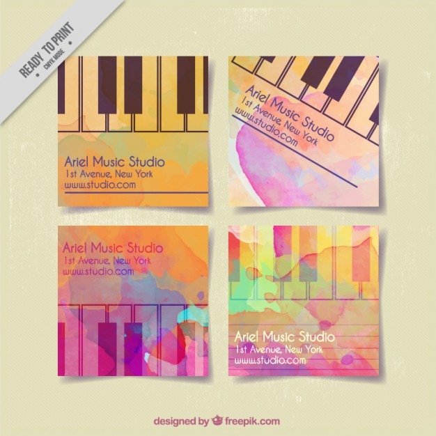 Free Vector music studio cards painted with watercolors