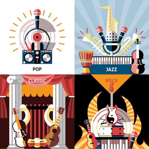 Musical instruments composition flat set. Pop, jazz, classic and rock