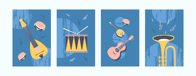 Musical instruments illustrations set in pastel colors.