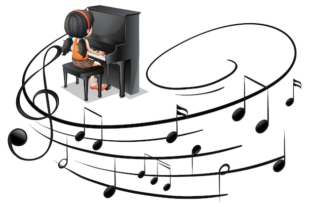 Musical melody symbols with a girl playing piano isolated