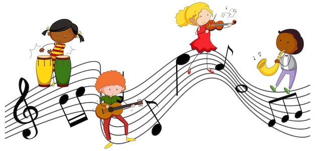 Free Vector musical melody symbols with many doodle kids cartoon character