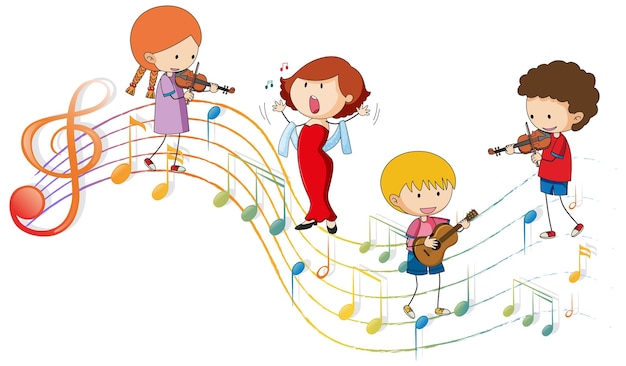 Musical melody symbols with many doodle kids cartoon character