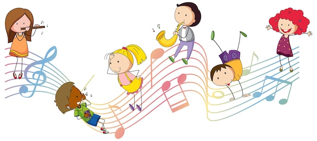 Musical melody symbols with many doodle kids cartoon character