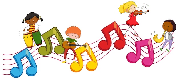 Musical melody symbols with many doodle kids cartoon character