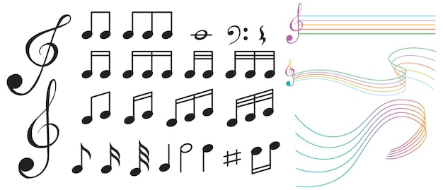 Free vector musical symbols with wave lines on white background