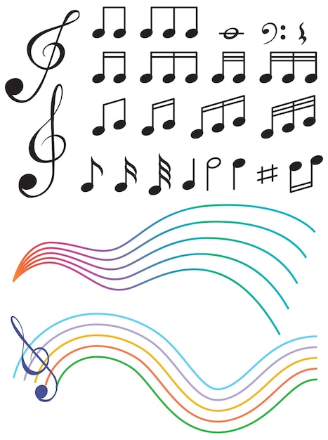 Free vector musical symbols with wave lines on white background