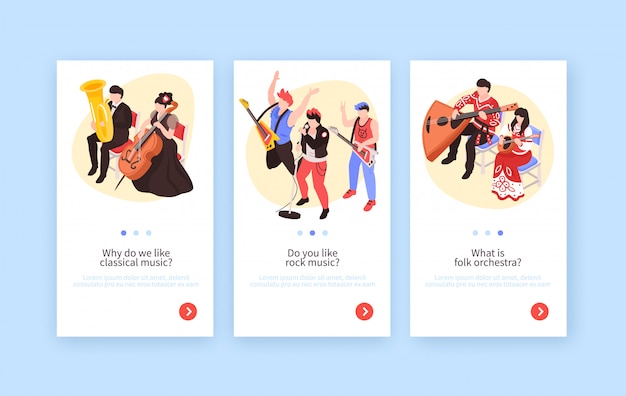 Free Vector musicians 3 isometric vertical banners set with classical music performance rock band and folk orchestra