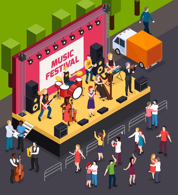 Musicians during performance on scene of music festival and dancing visitors isometric composition