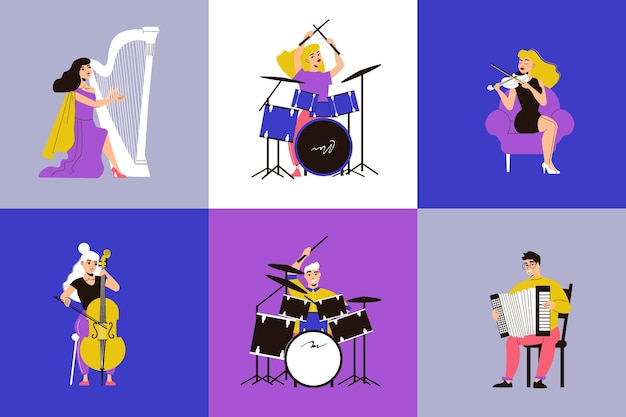 Musicians set of people playing playing different musical instruments illustration