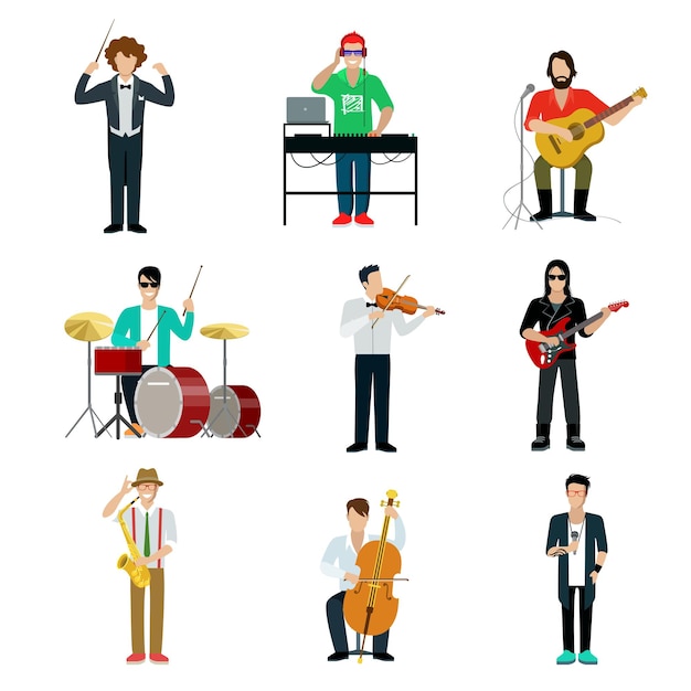 Musicians showman set. Guitarist, drummer, pianist