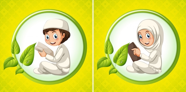 Free vector muslim boy and girl reading book