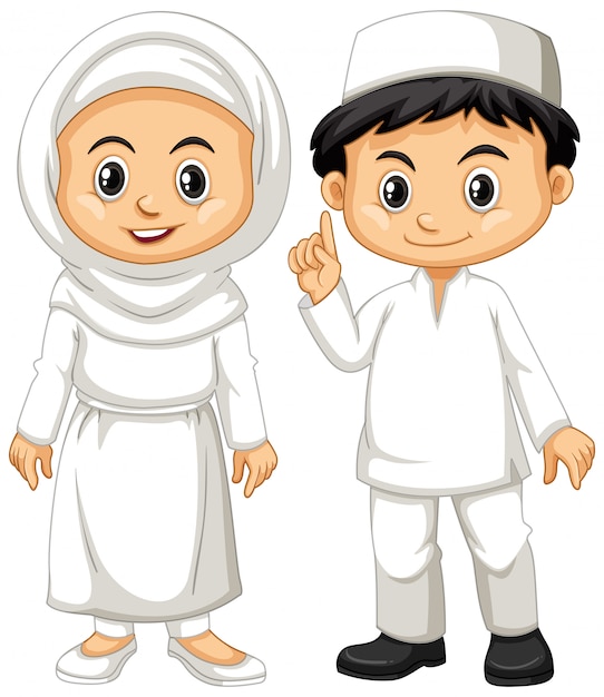 Muslim boy and girl in white outfit