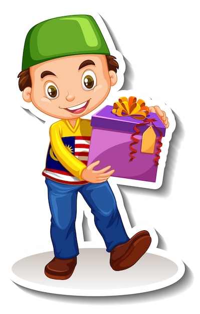 Muslim boy holding gift box cartoon character sticker