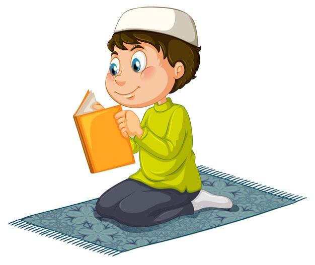 Muslim boy reading book on white background