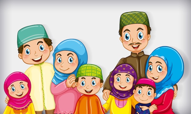 Muslim family member on cartoon character colour gradient background