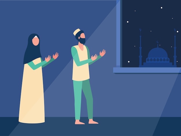 Free Vector muslim family praying at night together