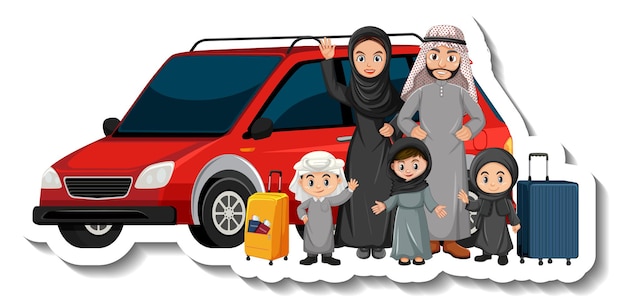 Muslim family standing in front of a car