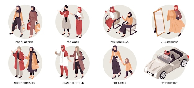 Free Vector muslim fashion isometric compositions with women dressed in modest islamic clothing and hijab isolated vector illustration