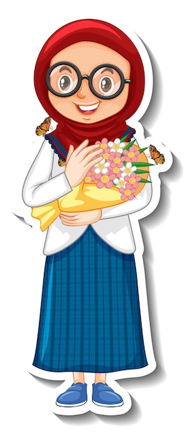 Muslim girl holding flower bouquet cartoon sticker