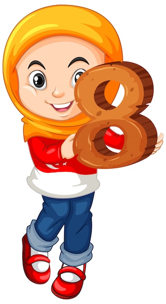 Free Vector muslim girl wearing hijab holding math number eight