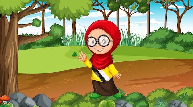 Free Vector muslim girl wears traditional clothes in the forest scene