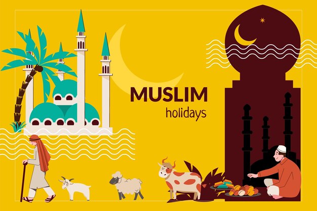 Free Vector muslim holidays composition with collage of flat icons with animals people text and oriental mosque buildings vector illustration