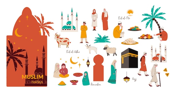 Free Vector muslim holidays set with flat isolated icons of tropical trees mosques traditional food and human characters vector illustration