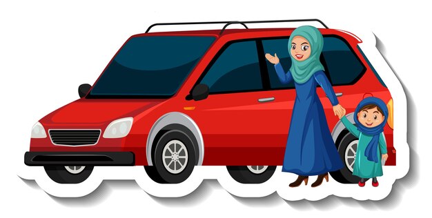 Muslim mother and daughter standing in front of a car