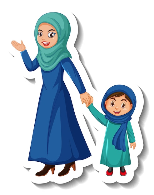 Free Vector muslim mother and her daughter cartoon character sticker on white background