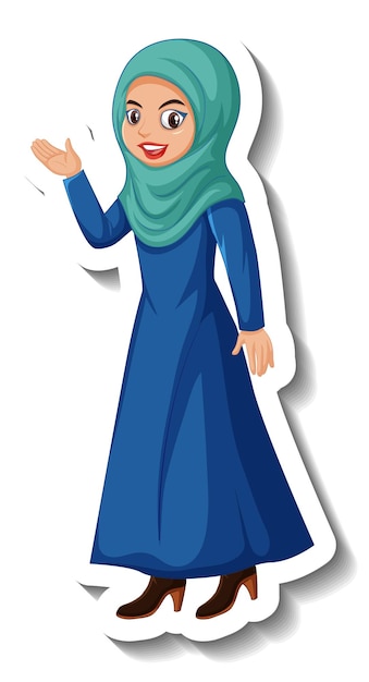 Muslim woman cartoon character sticker on white background