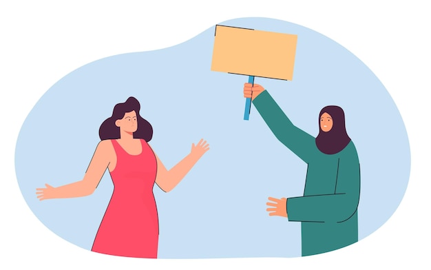 Free Vector muslim woman showing blank placard to indifferent girl. islamic person holding up sign in protest flat vector illustration. politics, religion, conflict concept for banner or landing web page