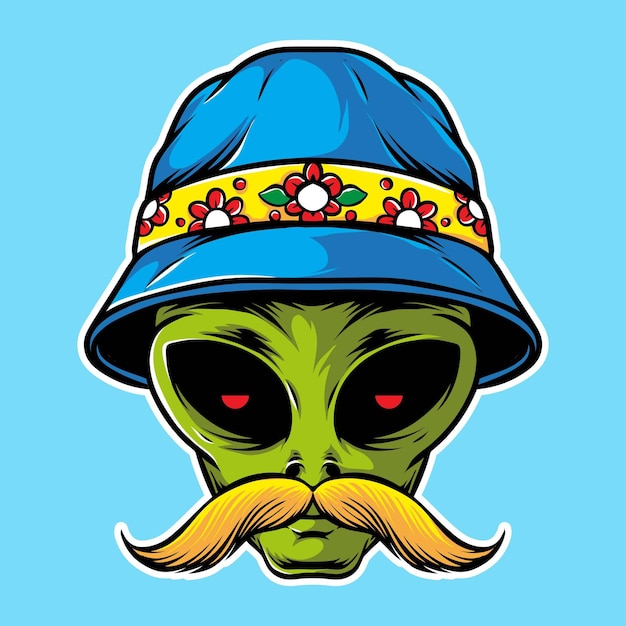 Free Vector mustache alien wearing bucket hat 