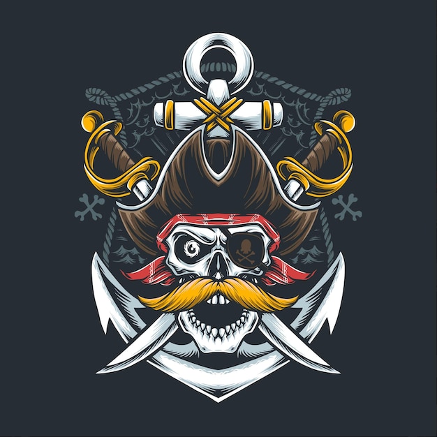 Mustache skull pirate with sword and anchor