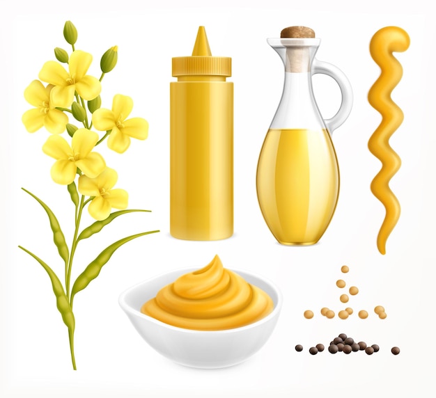 Free Vector mustard realistic set with colourful images of packaging with seeds and flower plants on blank background vector illustration