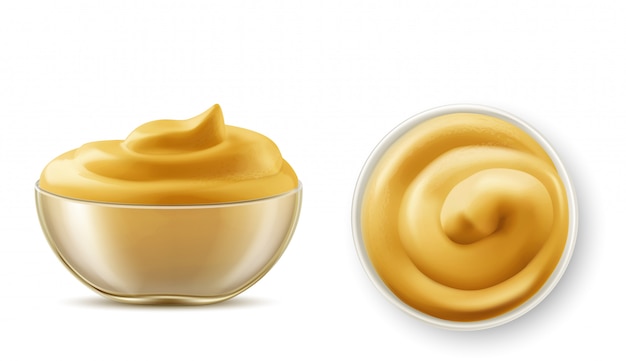 Free Vector mustard sauce in bowl top view and side view set