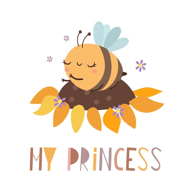 Free vector my princess lettering with bee on a sunflower