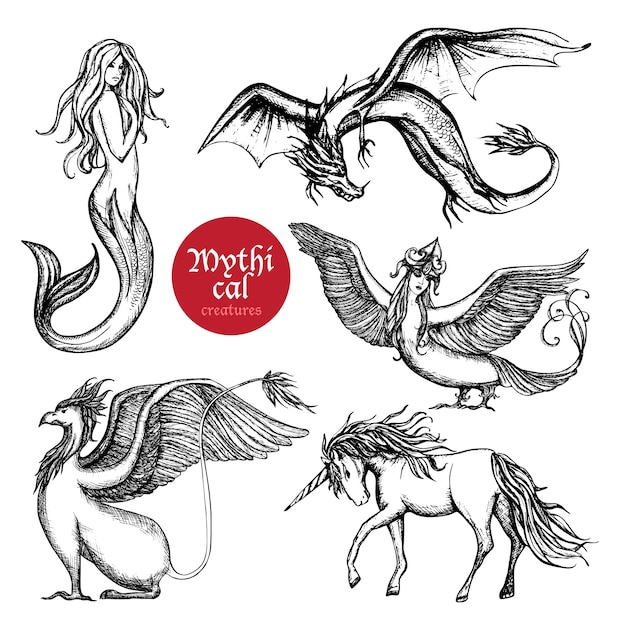 Free Vector mythical creatures hand drawn sketch set