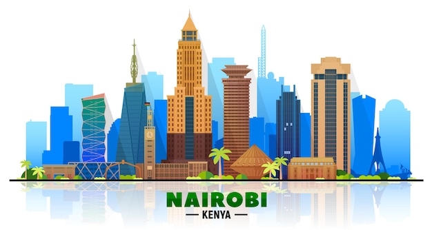 Nairobi Kenya skyline at white background Flat realistic style with famous landmarks and modern scraper buildings Vector illustration for web or print production