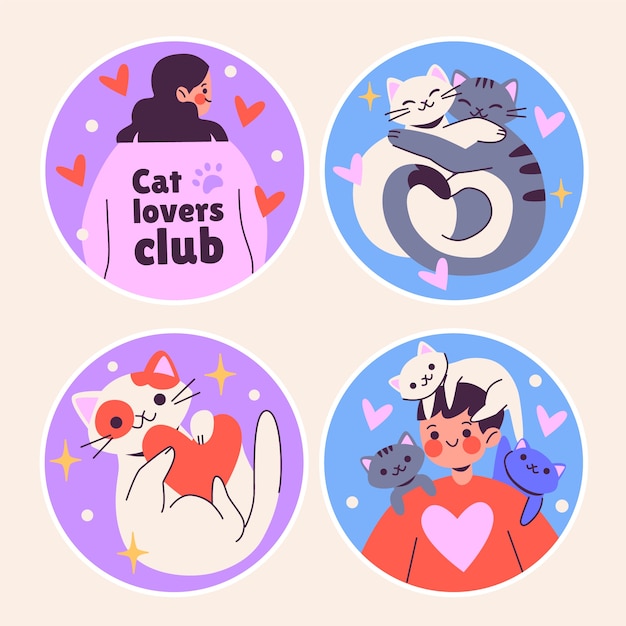 Free Vector naive cat lovers stickers collection