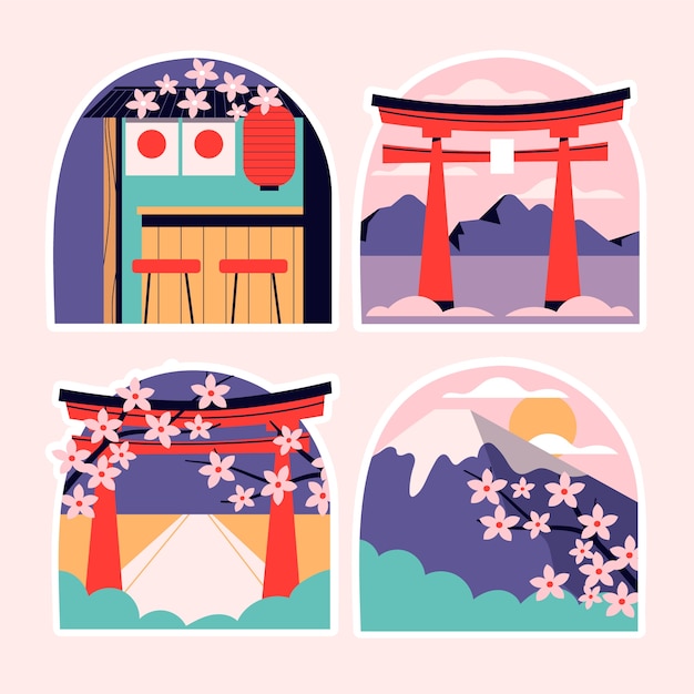 Free Vector naive japan stickers collection