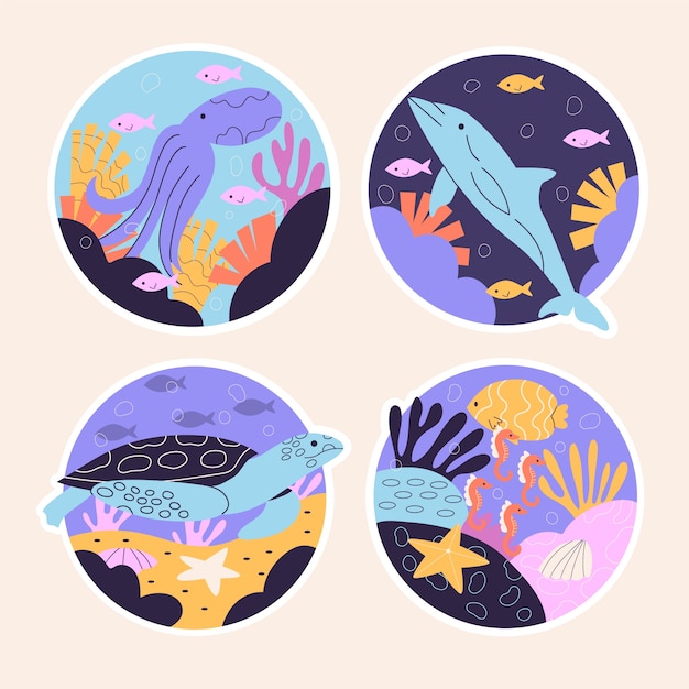 Free Vector naive ocean animals stickers collection