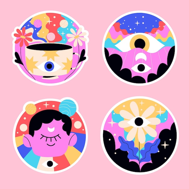 Free Vector naive psychedelic stickers colorful illustration