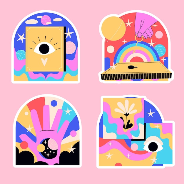 Naive psychedelic stickers colorful illustration