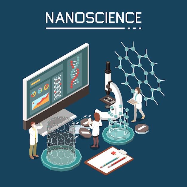 Nano science research innovation nanotechnology composition with organic electronics nano-structure computer monitor isometric images