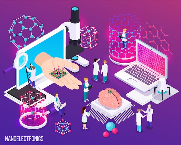 Nanoelectronics isometric composition with icons demonstrated scientific achievements in microbiology and modern medicine