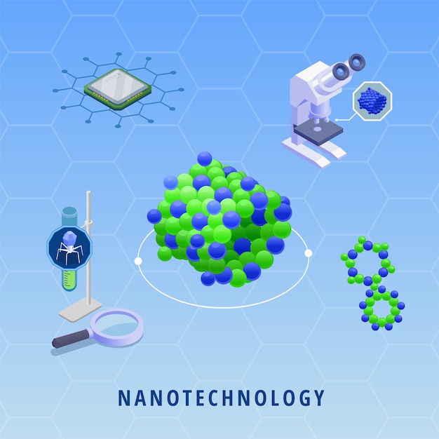 Free vector nanotechnology nanomedicine innovative technologies with microchip microscope dna on color background isometric vector illustration